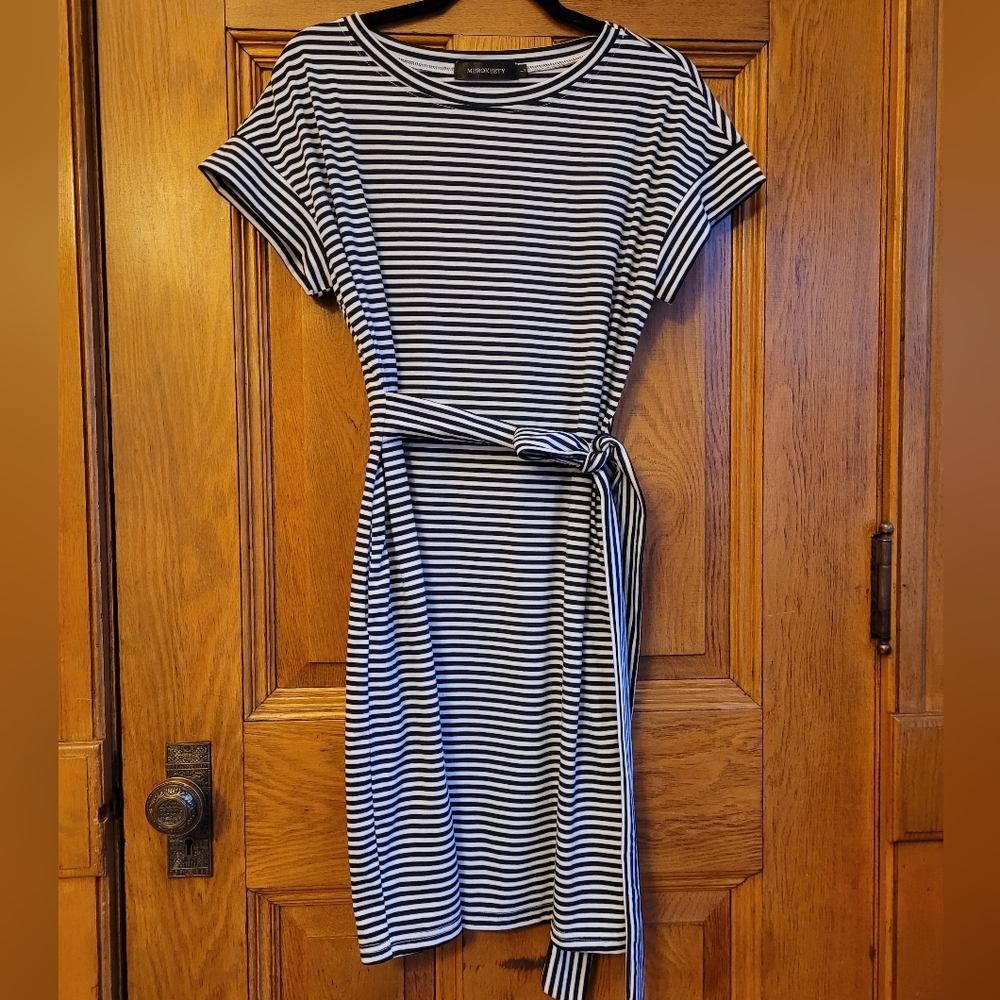 Striped dress Navy and White With Belt Tie Large